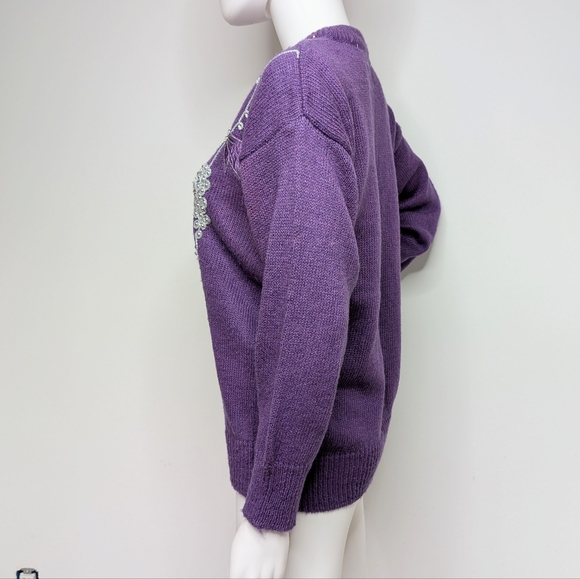Vintage 80s Purple Sweater With Silver Beading & Embroidered Grapes - Picture 6 of 7